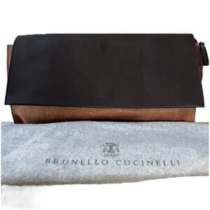 Brunello Cucinelli Leather Clutch Colorblock Brown Tan NWT